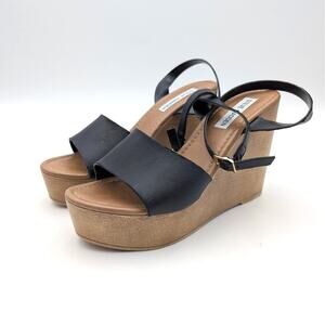 Steve Madden Welsh Wedge Heel Sandals Women's Black Leather Size US8 EU38-39